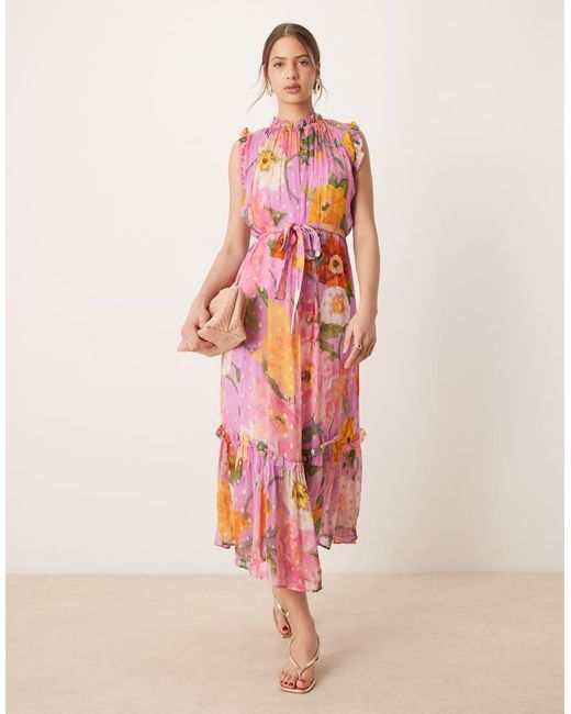 Hope & Ivy Pink High Neck Ruffle Midi Dress With Tie Waist
