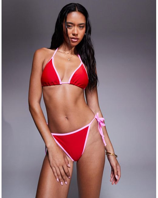 The Frolic Red Exclusive Contrast Binding Triangle Bikini Top Co-ord