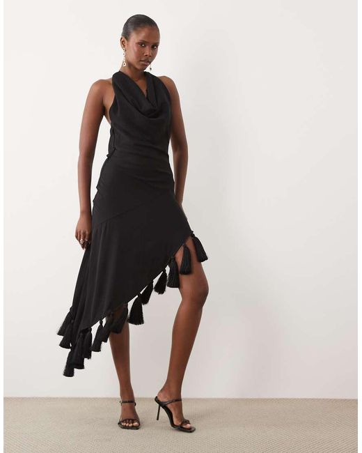 ASOS Black Halter Neck Asymmetric Midi Dress With Tassel Hem
