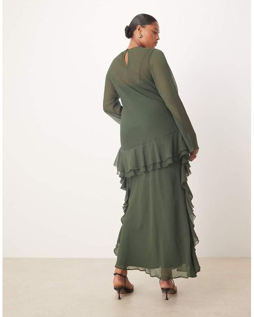 ASOS Green Asos Design Curve Long Sleeve Frill Hem Chiffon Maxi Dress