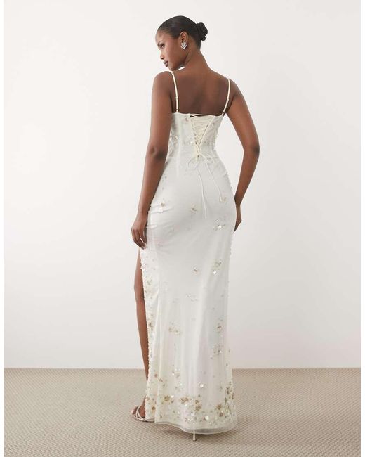 Oh Polly White Premium 3d Flower Sequin Embellished Lace Up Back Maxi Dress