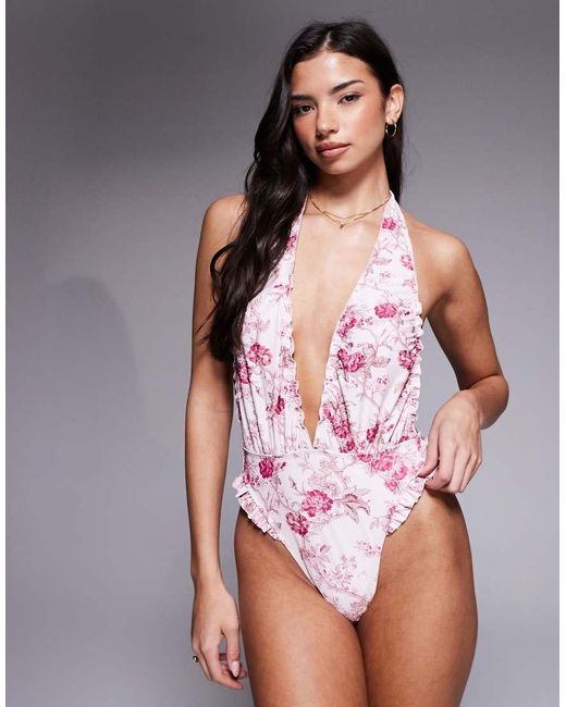 ASOS Gray Flora Frill Plunge Neck Swimsuit