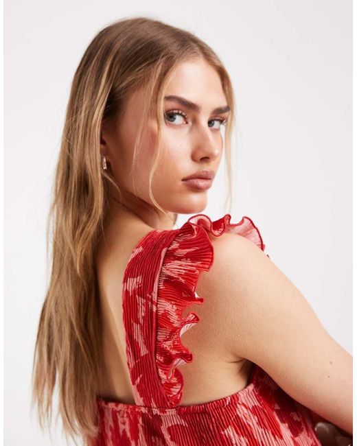 Pieces Red Plisse Maxi Dress With Frill Sleeves