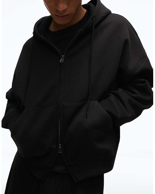 Bershka Black Boxy Zip-up Hoodie for men