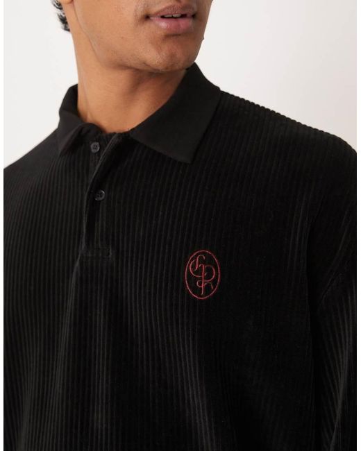 ASOS Black Heavyweight Oversized Long Sleeve Polo T-shirt With Small Chest Embroidery for men