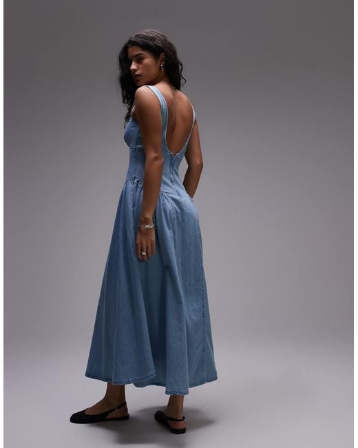 TOPSHOP Blue Denim Dropped Waist Seamed Midi Dress