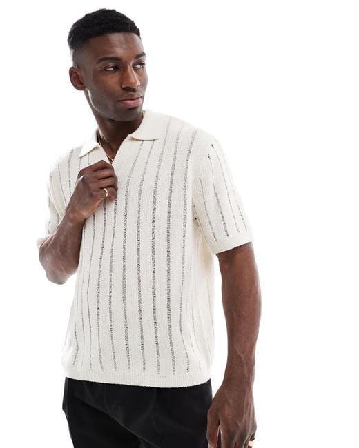 Pull&Bear White Knitted Self Stripe Polo for men