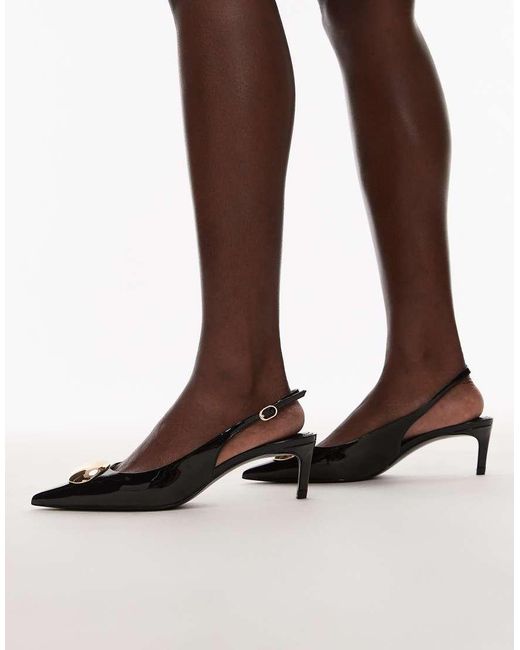 Mango Brown Sling Back Kitten Heel With Gold Accents