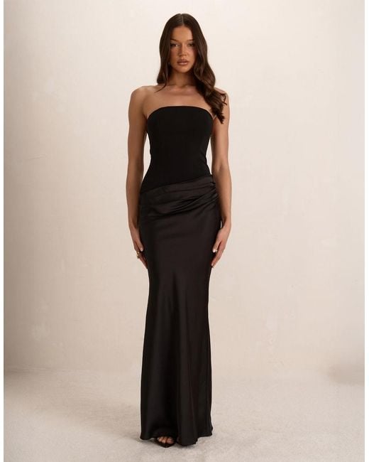 Missy Empire Black Woven Corset Top Pleated Satin Maxi Dress