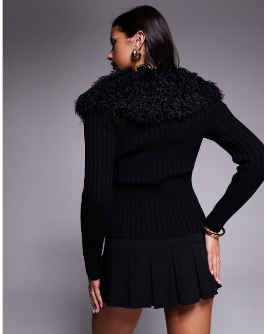 Tiger Mist Black Brisa Pure Cotton Faux-fur Trim Ribbed Cardigan