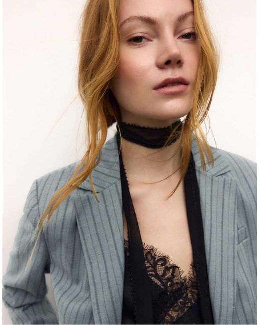 Stradivarius Blue Striped Cropped Blazer