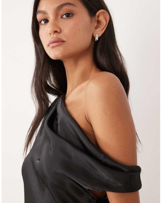 JW PEI Natural Satin Draped One Shoulder Asymmetric Satin Maxi Dress