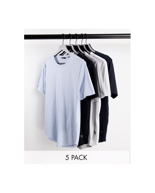 Only & Sons Blue 5 Pack Longline Curve Hem T-shirts for men