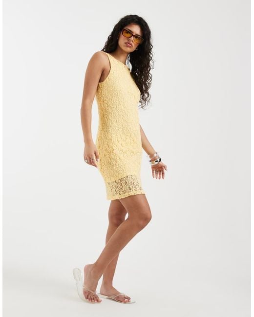 Vero Moda Yellow Stretch Floral Lace Sleeveless Slash Neck Mini Dress