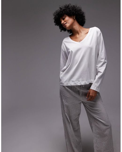 Mango Gray Cotton V Neck Long Sleeve Top And Seersucker Trouser Pyjama Set