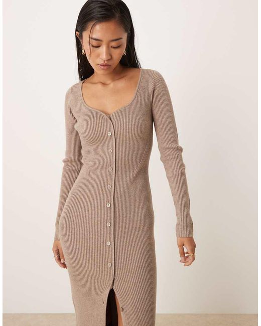 Abercrombie & Fitch Natural Long Sleeve V Neck Fitted Maxi Dress