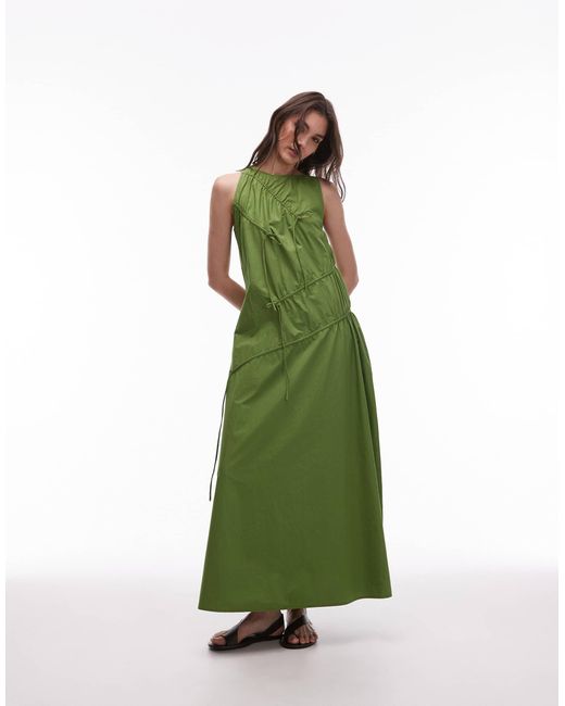 TOPSHOP Green Poplin Ruched Channel Midi Dress