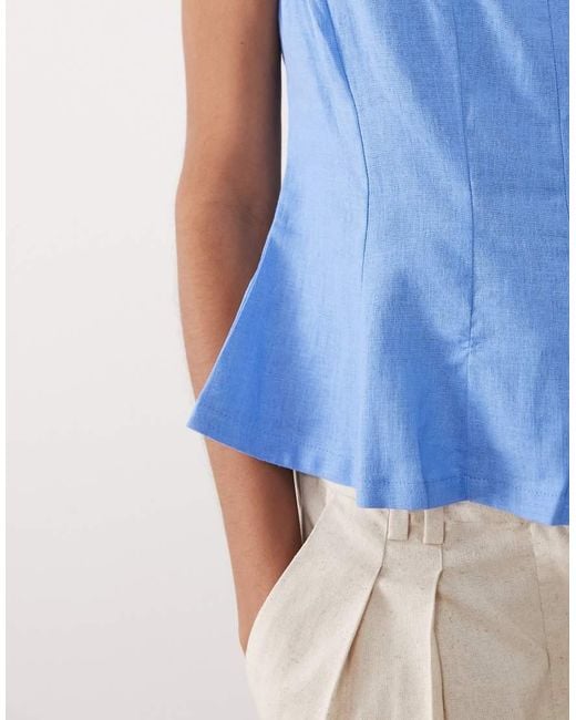 New Look Blue Linen Rich Cinched Waist Top
