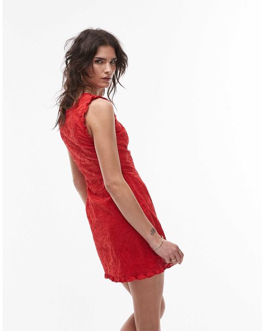 TOPSHOP Red Square Neck Embroidery Mini Dress