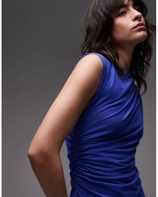 & Other Stories Blue Mesh Midi Dress With Drape Detail