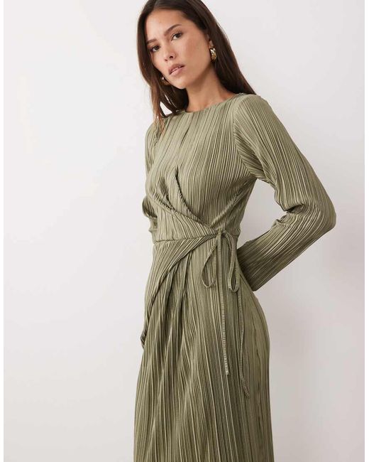 ASOS Green Plisse Long Sleeve Wrap Tie Waist Maxi Dress