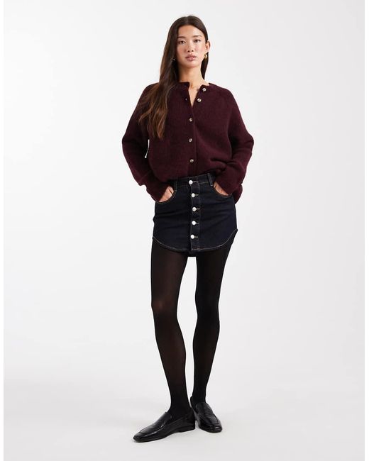 ASOS Red Denim Button Through Curved Hem Mini Skirt