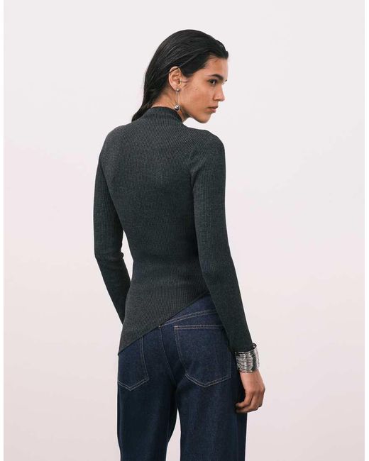 Mango Blue High Neck Asymmetric Knitted Top