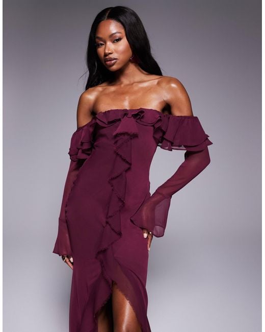 ASOS Purple Frill Bardot Long Sleeve Bias Cut Maxi Dress