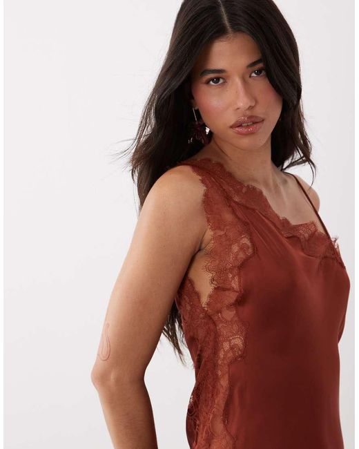 Mango Brown Capsule Asymmetric Satin Midi Dress With Lace Trim