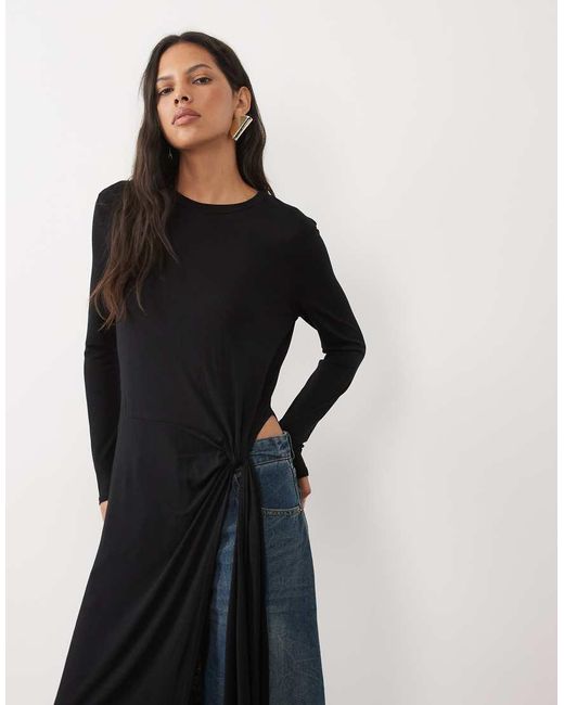 ASOS Black Draped Side Knotted Long Sleeve Top