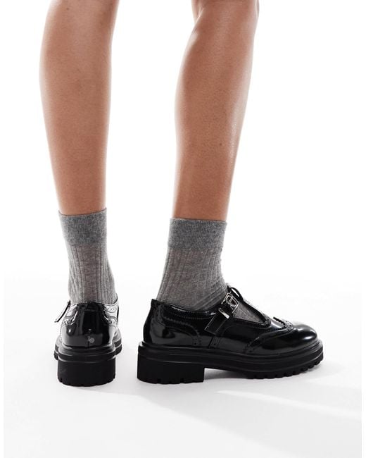 SEQWL Wide Fit Black Jeep Mary Jane Shoes With Broguing Detail