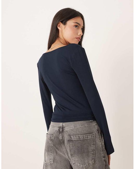 Gina Tricot Blue Long Sleeve Top With Scoop Neck And Split Cuffs
