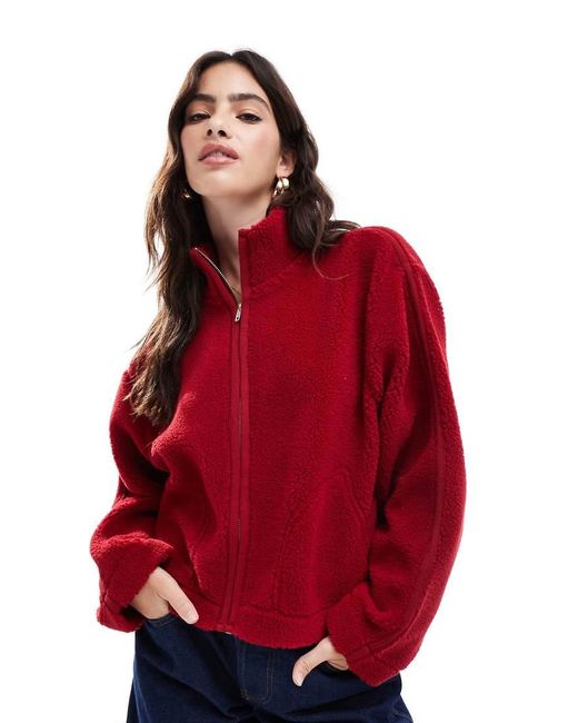 ASOS Red Cropped Borg Jacket With Funnel Neck And Sleeve Trim Detail