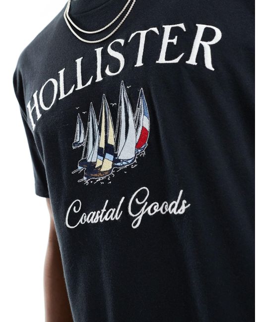 Coastal tech - t-shirt comoda nera con logo ricamato di Hollister in Black da Uomo