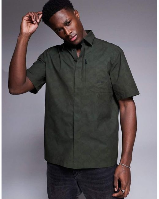 Boss Gray Boss Bechno All Over Print Tech Short Sleeve Shirt Relaxed Fit for men