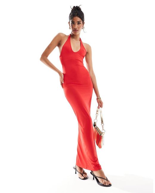 Bershka Red Halterneck Bodycon Maxi Dress