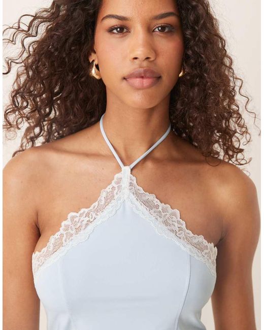 ASOS Blue Slinky Lace Trim Halter Top