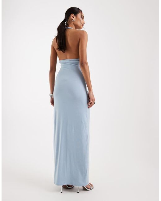 4th & Reckless Blue Soft Jersey Scoop Neck Halterneck Drape Tie Front Maxi Dress