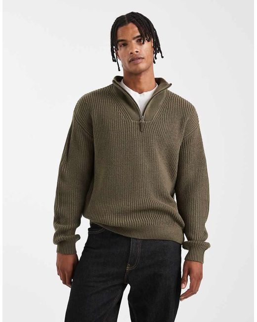 New Look Green Fisherman Knit 1/4 Zip Jumper for men