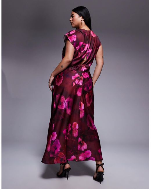 Asos design curve - robe mi-longue en satin avec col montant et corsage plissé - imprimé fleurs rose foncé ASOS en coloris Red