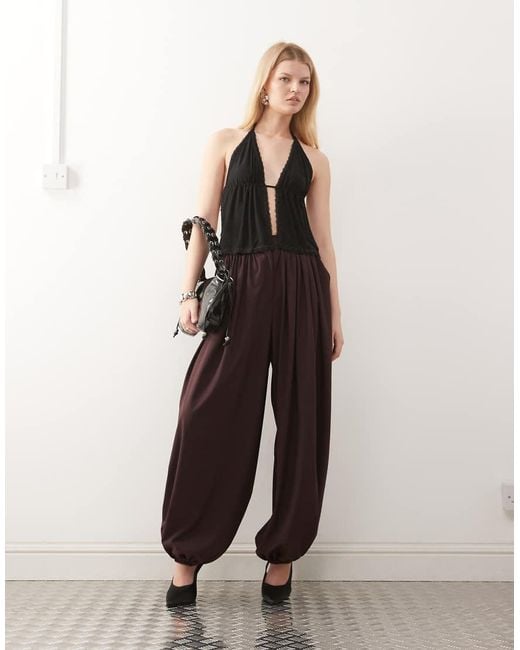 Collusion Black Backless Ruched Front Strappy Top With Lace Trim -brown