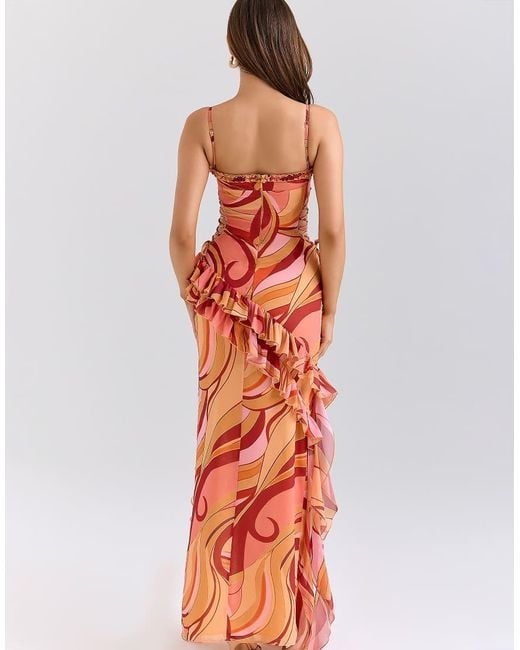 House Of Cb Orange Lumira Sunset Swirl Print Ruffle Cut Out Maxi Dress