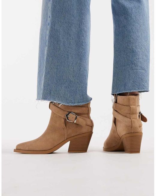 SEQWL Blue Western Low Ankle Boots With Buckle Detail