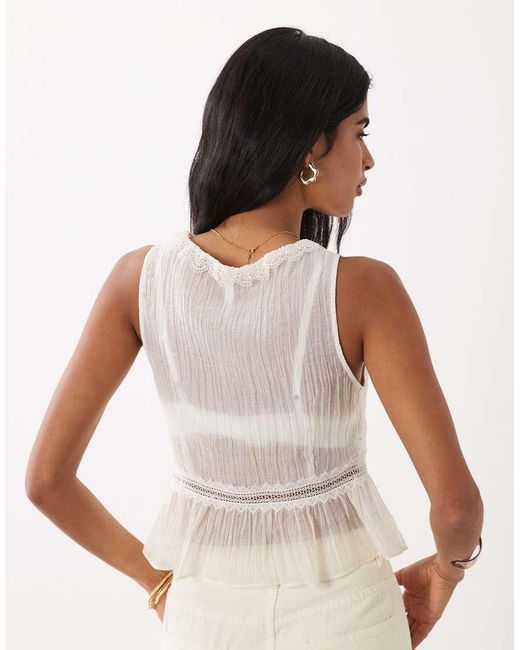 Mango Natural V-neck Lace Trim Sleeveless Top With Bow Detail
