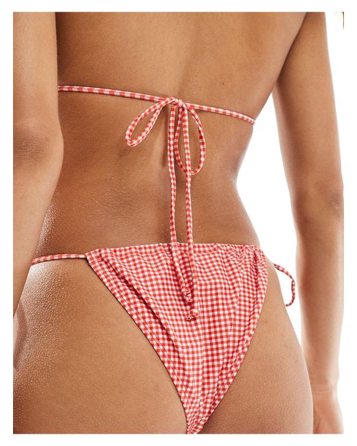 Motel Red Leyna Gingham Tie Side Bikini Bottom