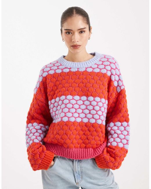 Pieces Red Bright Contrast Polka Dots Sweater