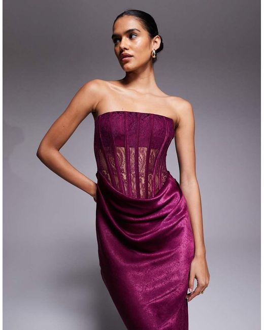 ASOS Red Lace Corset Detail Maxi Dress With Satin Draped Skirt