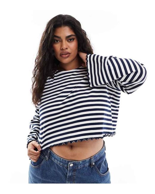 Camiseta Blanca Y Azul Marino A Rayas De Manga Larga Con Bajo Ondulado De Asos Design Curve ASOS de color Blue