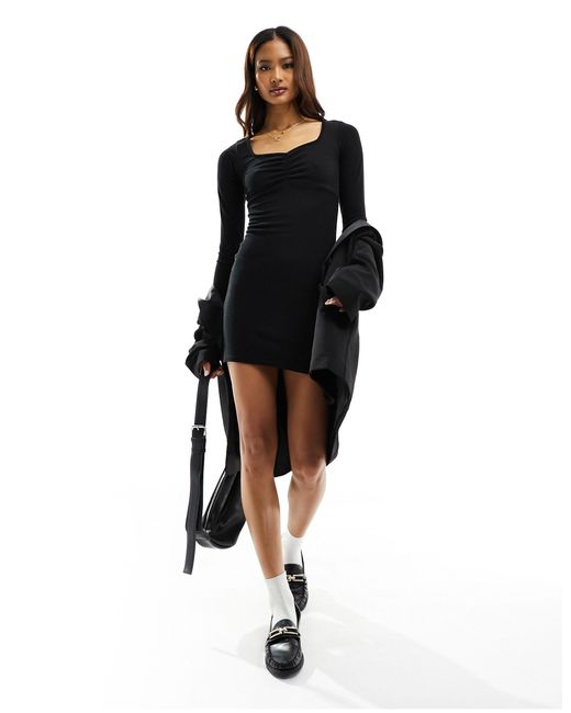 New Look Black Ruched Front Long Sleeve Mini Dress