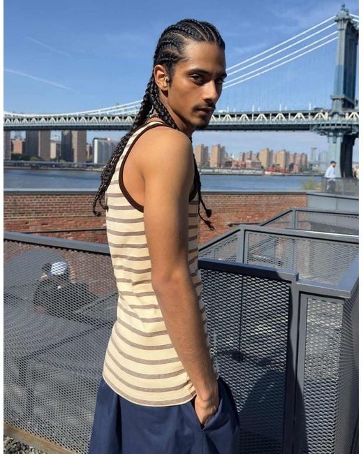 Bershka Blue Contrast Stripe Rib Vest Top for men